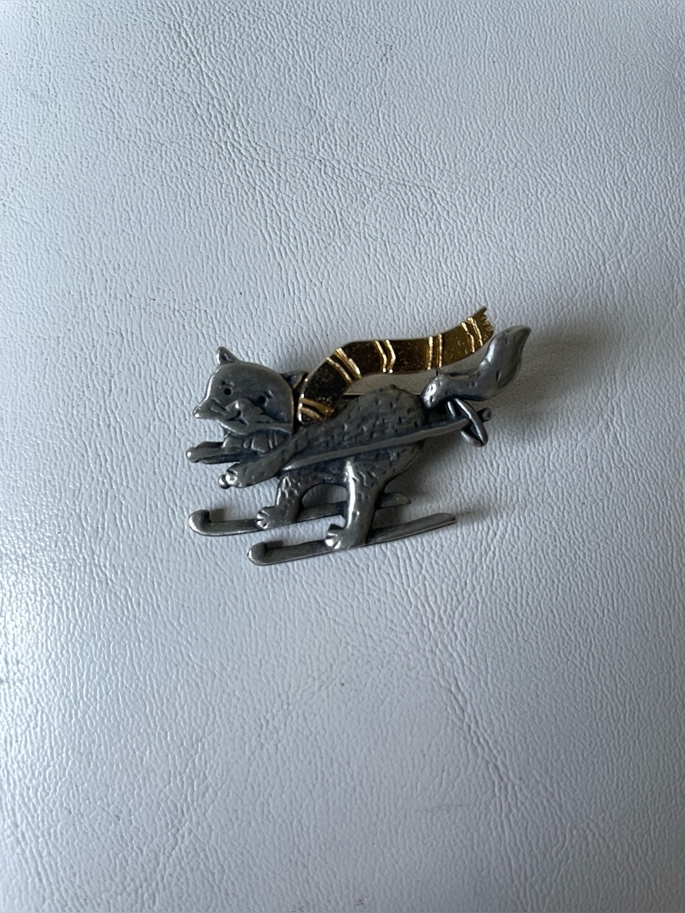 Vintage Alexandra Cat Skiing Brooch Whimsical Novelty Gold Tone